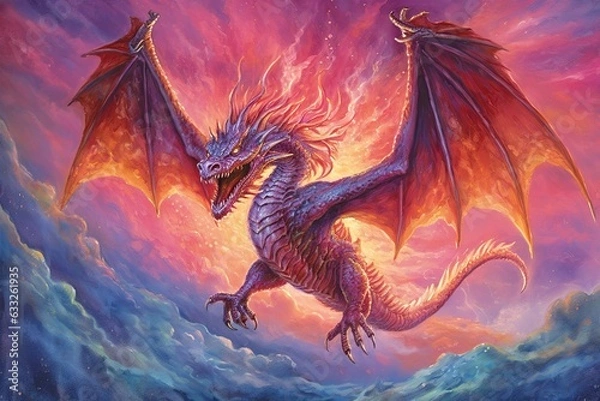 Fototapeta Dragon Drawings: Majestic Creature Soaring Through the Skies, Flames Igniting the Night in a Dazzling Display, generative AI