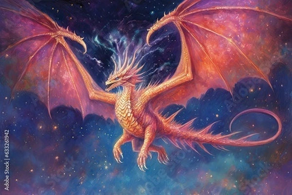 Fototapeta Dragon Drawings: Majestic Soaring and Flames Igniting - A Dazzling Display in the Night Sky, generative AI