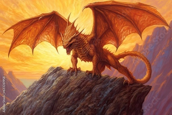Fototapeta Fiery Shades of Amber: A Mighty Dragon Roars Atop a Towering Cliff in Stunning Drawings, generative AI