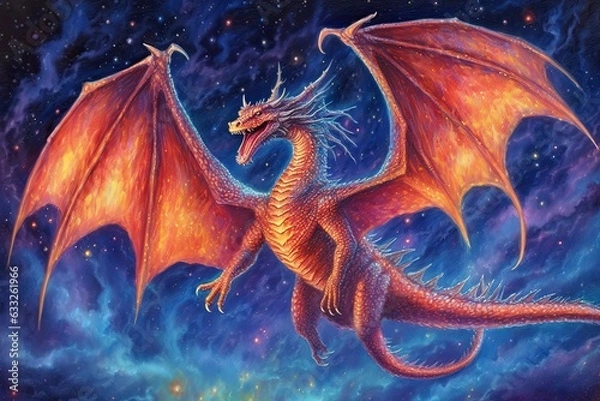 Fototapeta Majestic Dragon: Soaring through the Skies with Dazzling Night Flames, generative AI
