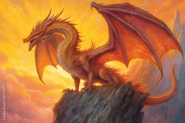 Fototapeta Fiery Shades of Amber: A Mighty Dragon Roaring from a Towering Cliff - Exquisite Dragon Drawings, generative AI