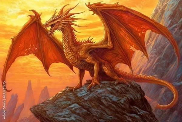 Fototapeta Fiery Shades of Amber: A Mighty Dragon Roaring atop a Towering Cliff in Mesmerizing Dragon Drawings, generative AI