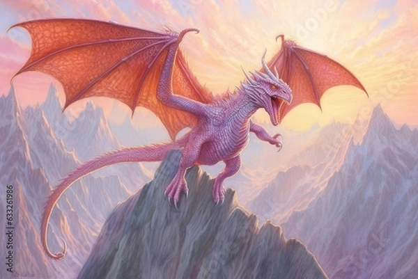 Fototapeta Soaring Above Towering Mountains: Mighty Dragon Drawings with Gleaming Sunlit Scales, generative AI