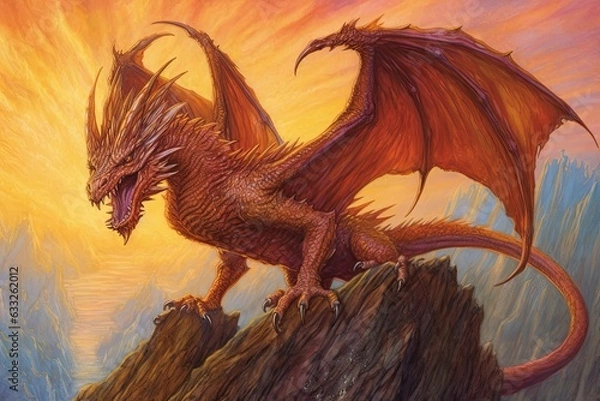 Fototapeta Mighty Dragon Roaring: Fiery Shades of Amber Scale Drawing, generative AI