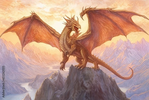 Fototapeta Mighty Dragon Soaring Above Towering Mountains: Stunning Dragon Drawings with Gleaming Scales, generative AI