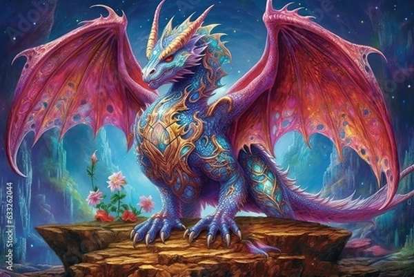 Fototapeta Guarding a Treasure Trove: Majestic Dragon Drawings with Brilliant Jewel-Toned Scales and Commanding Fire-Breathing Presence, generative AI