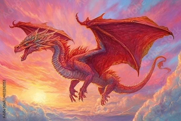 Fototapeta Fiery Sky Dragon: A Majestic Soar with Brilliant Crimson Scales, generative AI