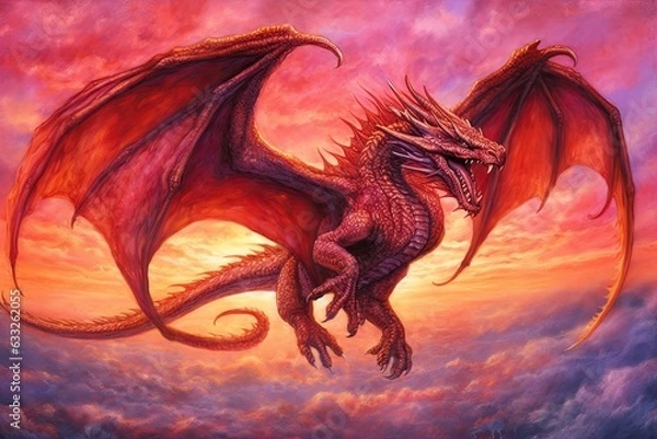 Fototapeta Fiery Sky Soaring: Captivating Dragon Drawings with Brilliant Crimson Scales, generative AI