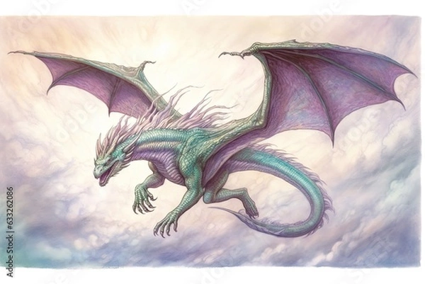 Fototapeta Mystical Realm Delights: Captivating Dragon Drawings with Lustrous Emerald and Amethyst Scales, generative AI