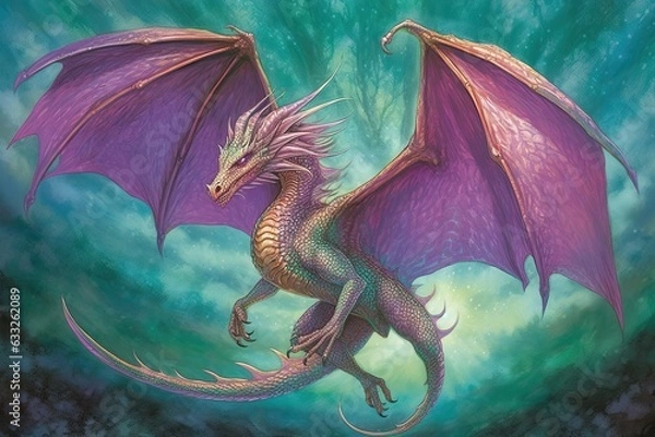 Fototapeta Mystical Realm: Marvel at a Mighty Dragon's Emerald and Amethyst Scales in Enchanting Drawings!, generative AI