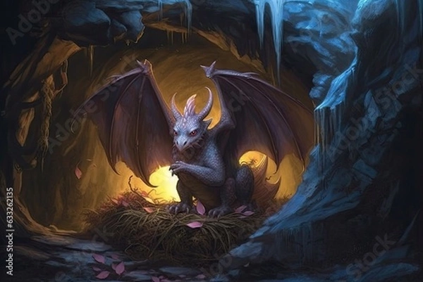 Fototapeta Guardian of a Hidden Cave: Mystical Dragon Drawings Protecting a Treasure Trove, generative AI
