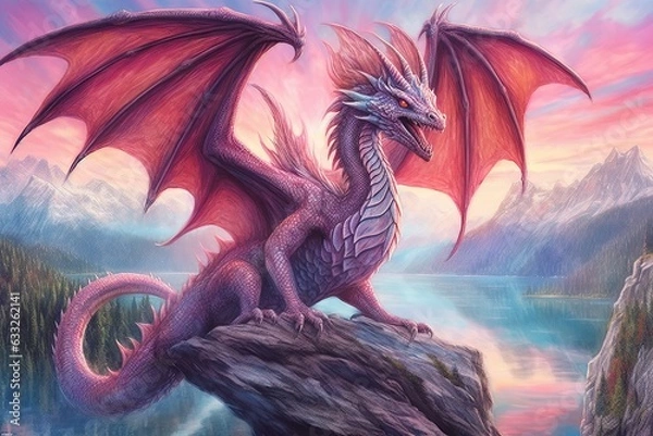 Fototapeta Dragon Drawings: A Majestic Journey through a Mythical Landscape Filled with Fire-breathing Guardians and Ancient Treasures, generative AI