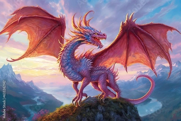 Fototapeta Dragon Drawings: Majestic Fire-Breathing Guardians Safeguarding Ancient Treasures, Soaring Through a Mythical Landscape of Magic, generative AI