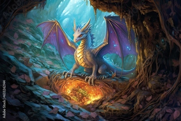 Fototapeta Guardian of the Mystical Dragon: Protecting a Hidden Cave's Treasure Trove, generative AI