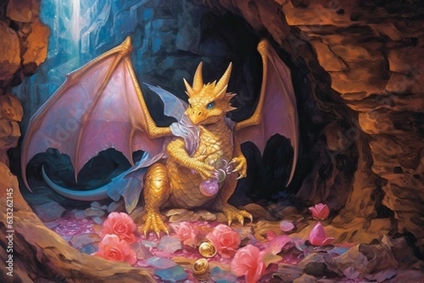 Fototapeta Hidden Cave's Mystical Dragon Guardian: Protecting a Treasure Trove with Stunning Dragon Drawings, generative AI