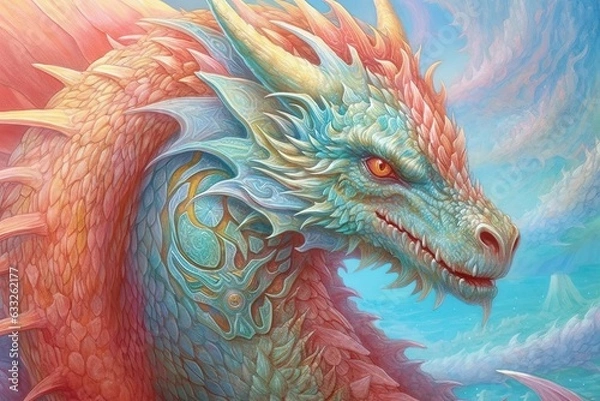 Fototapeta Mystical Guardians: Powerful Dragons Roaming Ancient Lands, Enchanting Hues Ignite Dragon Drawings, generative AI