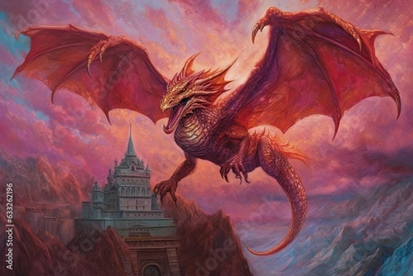 Fototapeta Fiery Shades of Crimson: Mythical Dragon Soaring Over an Ancient Castle in Stunning Drawings, generative AI