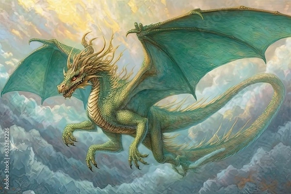 Fototapeta Mythical Flight: A Magnificent Dragon Soaring Through the Clouds with Glistening Emerald and Gold Scales, generative AI