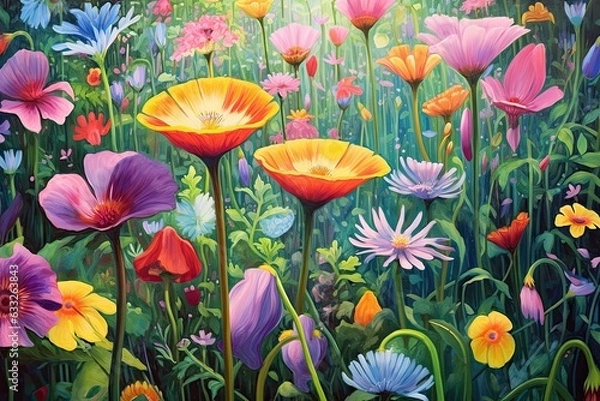 Fototapeta Enchanting Meadow of Blossoming Petals: A Kaleidoscope of Vibrant Colors and Fragrant Scents Revealed through Flower Drawings, generative AI