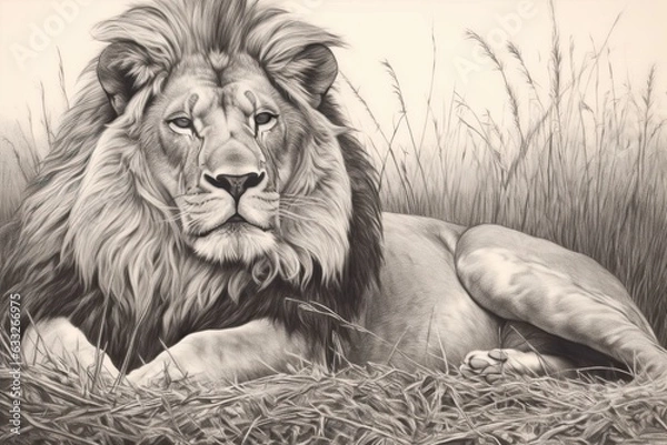 Fototapeta Sun-Kissed Savanna: Majestic Mane Rustling in the Breeze - A Regal Lion Drawing, generative AI