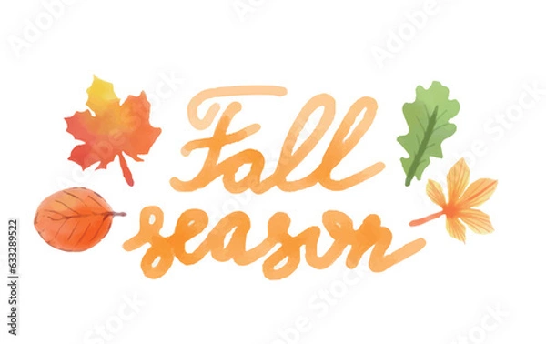 Fototapeta Hand written brush trendy quote Fall season. Autumn vector lettering with doddle hand drawn leaves. Poster, flyer, brochure, web, advertising