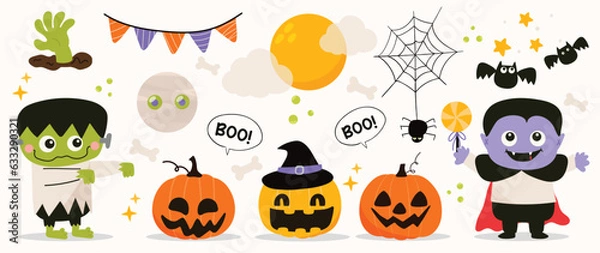 Fototapeta Happy Halloween day element background vector. Cute collection of spooky pumpkin, bat, candy, cat, skull, grave, zombie, lollipop. Adorable halloween festival elements for decoration, prints.
