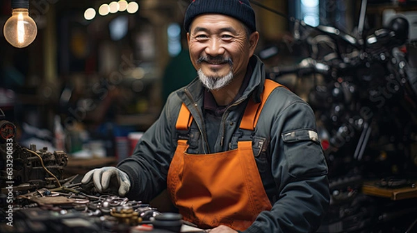 Fototapeta A mechanic stands in a small bike repair shop, surrounded by bike parts and tools, creating a busy backdrop.
