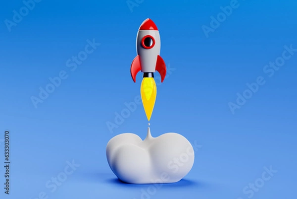 Fototapeta Rocket launch. Small, cute, cartoon spaceship taking off. 3d rendering