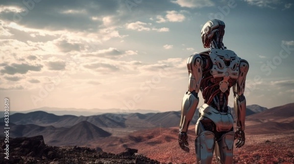 Obraz A humanoid robot exploring a barren landscape, showing AI's potential in space exploration. Generative AI