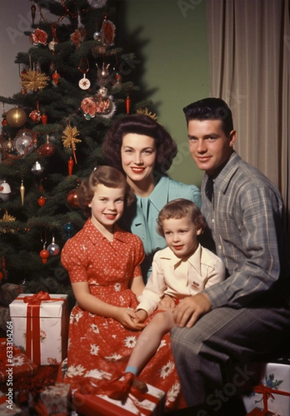 Fototapeta Retro Christmas Photo card of 50s 60s, Vintage Christmas photo with people and retro Christmas decorations of 50s, retro photo of family Christmas 