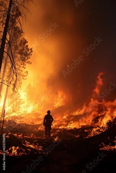 Fototapeta Firefighter in a forest on fire. Climate change. Social issues. 