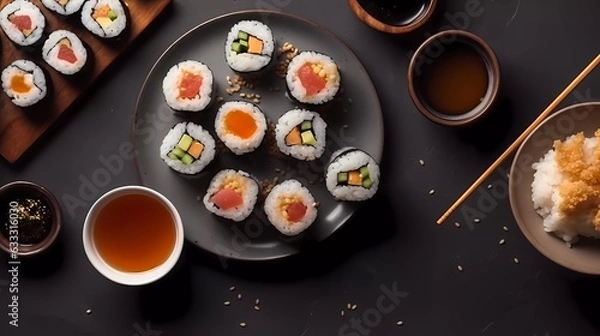 Fototapeta Black surface, sushi on tray, sauce, sushi chopsticks, top down view. Generative AI technology.