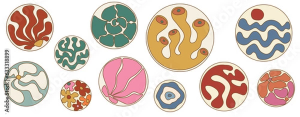 Fototapeta Vintage Doodle Curve Aestethic Sticker Set in Round Shape. Groovie Abstract Flower, Coral, Seashell, Wave in Retro Style. Organic Hippie Backgrounds for T-Shirts, Wallpaper, Case Phone. Vector