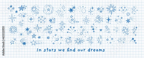 Fototapeta Collection of doodle stars and constellations on lined paper background. Vector sketch illustration