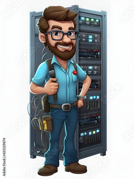 Fototapeta Clipart in cartoon style of a mal IT technician standing in front of a server rack on a white background