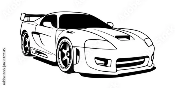 Fototapeta Outline drawing of fast Cartoon racing car concept, car coloring page line art, sport vehicle from side and front view. Vector doodle illustration, design for coloring book or print