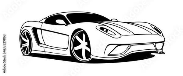 Fototapeta Outline drawing of fast Cartoon racing car concept, car coloring page line art, sport vehicle from side and front view. Vector doodle illustration, design for coloring book or print