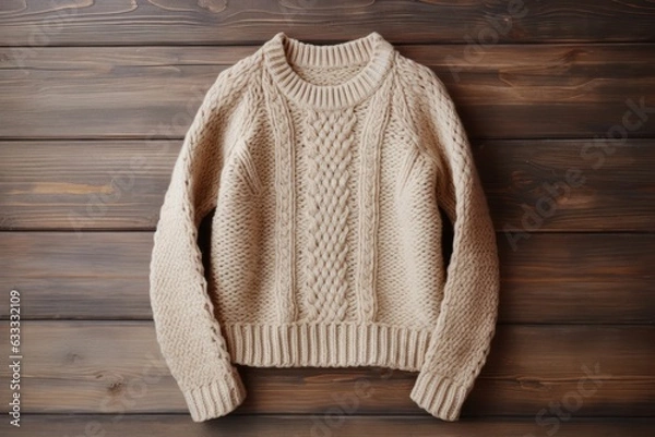 Fototapeta A knitted sweater with a beautiful ornament on a wooden table. Top view. Generative AI