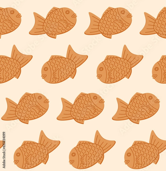 Obraz Taiyaki seamless pattern. Japanese fish-shaped cake with filling from bean paste. Traditional dessert. Asian sweet food. Vector illustration. 