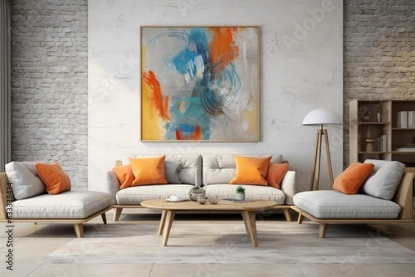Fototapeta Interior living room empty wall with grey sofa. Generative AI