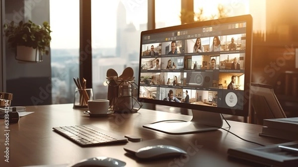 Fototapeta Virtual Meeting Video Conference. Team working by group video call share ideas brainstorming negotiating use video conference, pc screen view multi ethnic young people.