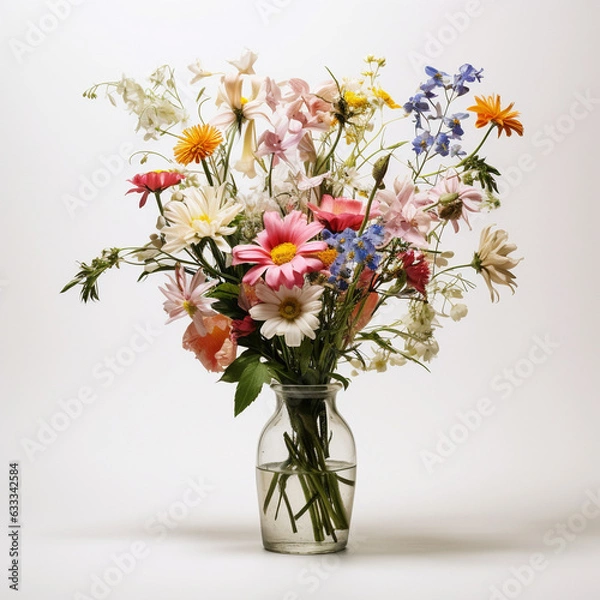 Fototapeta A bouquet of wild flowers in a vase on a white background, AI generator