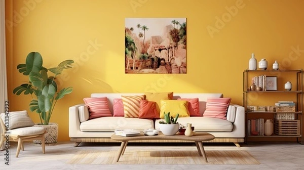 Fototapeta A cozy den featuring a luxurious sofa adorned with cushions and armrests, a loveseat surrounded by pillows, and a vibrant vase on a coffee table in front of a stunning wall-mounted painting, creates 