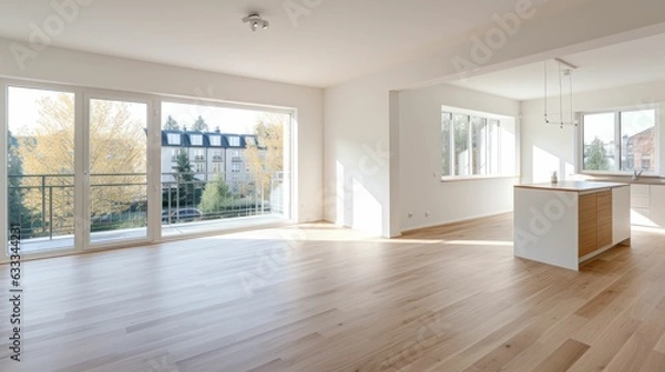 Fototapeta The key on the floor in the foreground, in a bright, spacious modern empty open - plan apartment with stylish renovation. Realtor concept. Generative AI