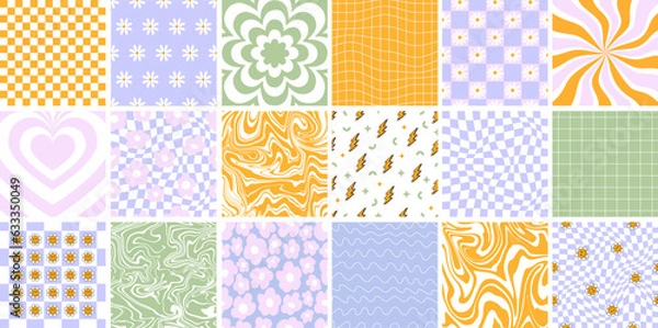 Fototapeta Vector Groovy seamless patterns and backgrounds. Set of vector backgrounds in trendy retro trippy y2k style. Lilac and green colors. Fun hippie texture for surface design.