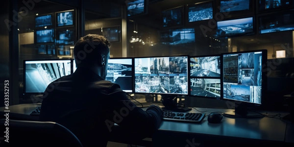 Fototapeta An armed security guard in a bank diligently monitors the situation inside the building using surveillance monitors, ensuring a secure environment. Generative AI