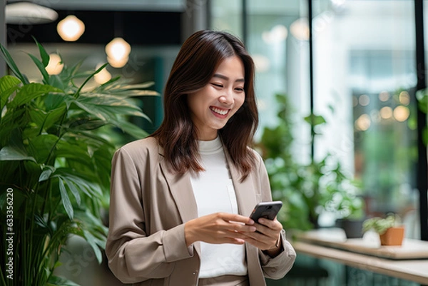 Fototapeta Portrait young asian businesswoman using smartphone in the modern office, business woman standing and looking smart phone with confident, female using telephone, one person, generative ai