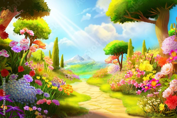 Obraz Fairytale background with trees, flower meadow, mountains and blue sky in cartoon style. Concept Art Scenery. Book Illustration. Video Game Scene. Serious Digital Painting. CG Artwork Background.
