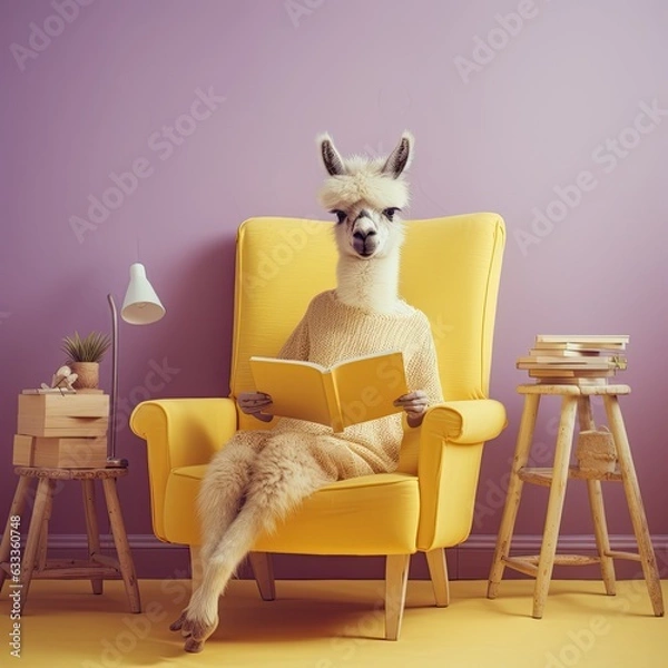 Fototapeta A majestic llama perched in a cozy chair, reading intently beneath the warmth of an inviting indoor wall, radiates serenity and a profound connection between man and mammal
