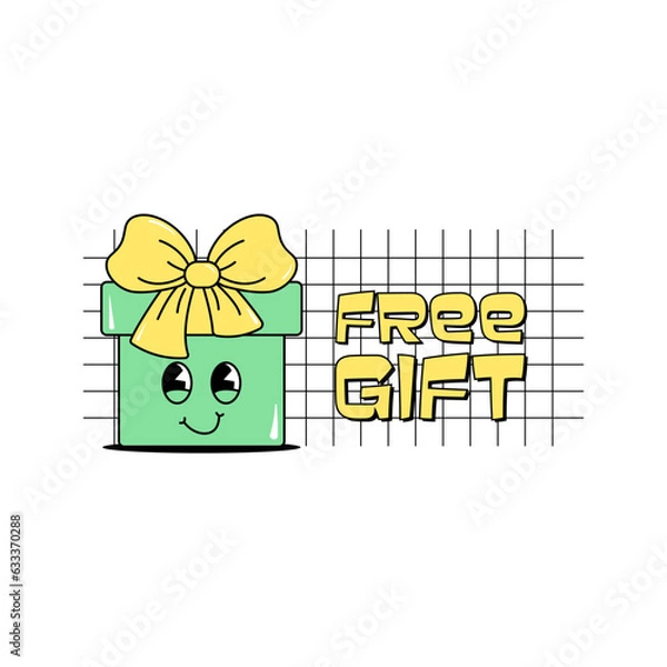 Obraz Black friday, cyber monday and sale. Cute character gift box with a face. Design for banner and cover for kids clothes, shoes, toys and stationery. White background. Groovy style. Vector illustration
